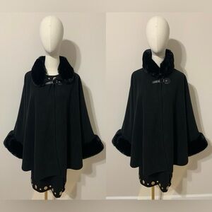 Martha Stewart Black Soft Wool / Fleece Cape with Fur